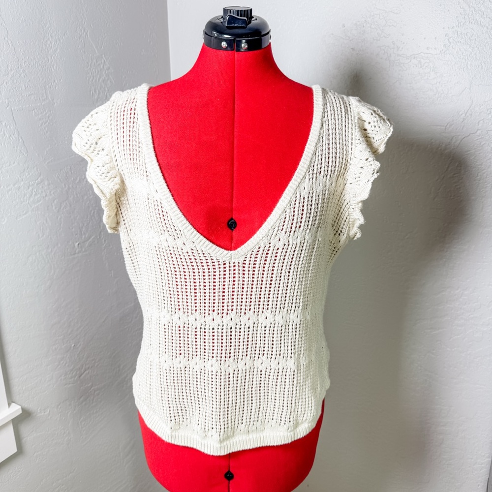 Melrose and Market Cream Open Knit V Neck Short Sleeve Sweater Size XL